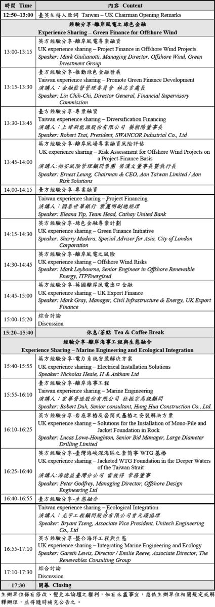 第12屆臺英再生能源論壇–離岸風電整體均衡發展研討會議程
