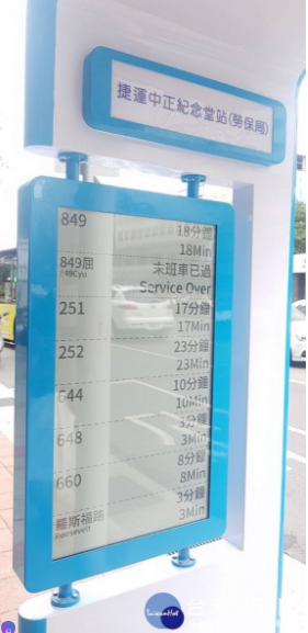 台北市首座太陽能電子紙智慧型站牌，已落腳於「捷運中正紀念堂站（勞保局）」提供服務。（圖／台北市政府交通局）