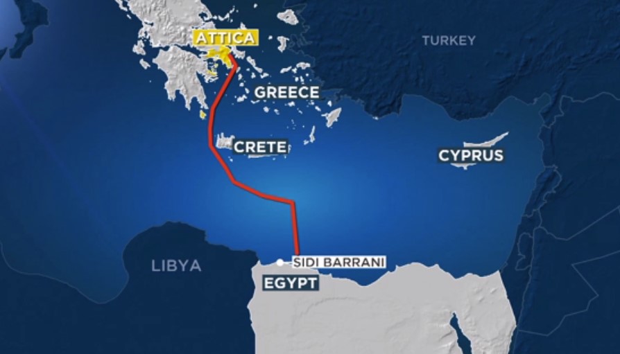 圖為從埃及地中海岸拉高壓直流輸電電纜，向北橫過地中海（Source：africanews）