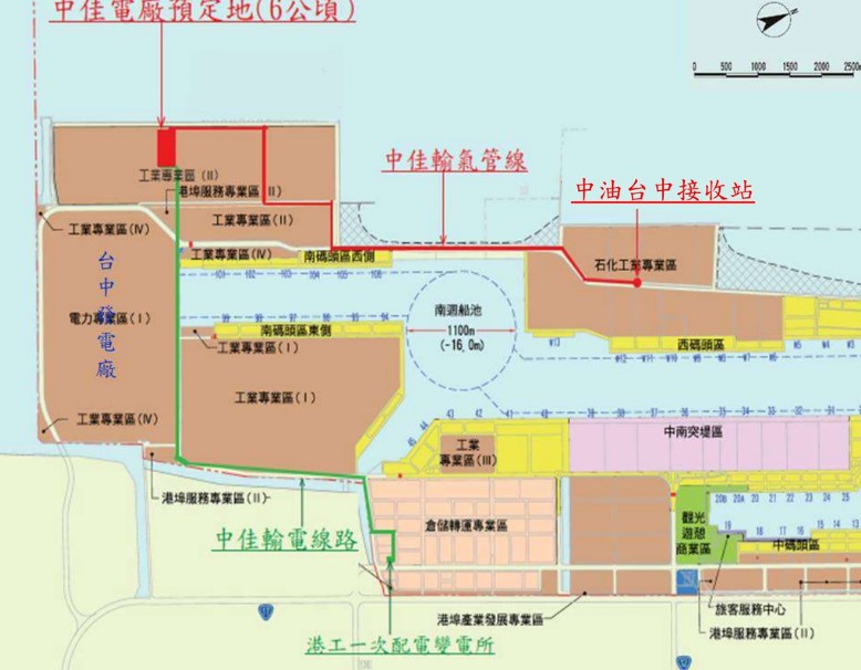 中佳電廠（紅色方塊處）與台中港周邊配置。圖片來源：環評書件