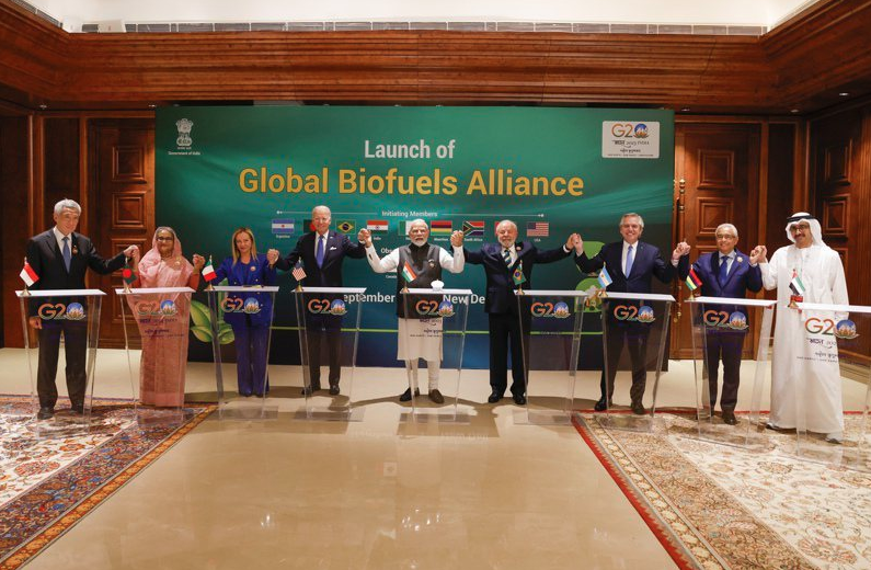 「全球生質燃料聯盟」（Global Biofuels Allianca）在新德里舉行的G20峰會成立，目的是促進全球生質燃料的生產和消費，特別是在南半球發展中國家。 圖／美國聯合通訊社